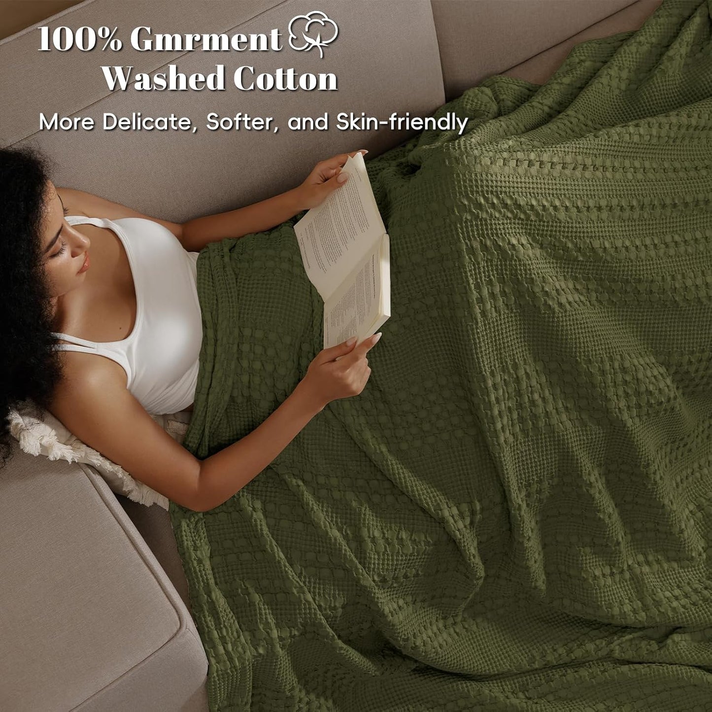 PHF 100% Cotton Waffle Weave Blanket Twin Size, Soft Lightweight Breathable Cozy Summer Blankets for Bed, Luxury Aesthetic Woven Bedding for Home Decor, 66"x90", Capulet Olive