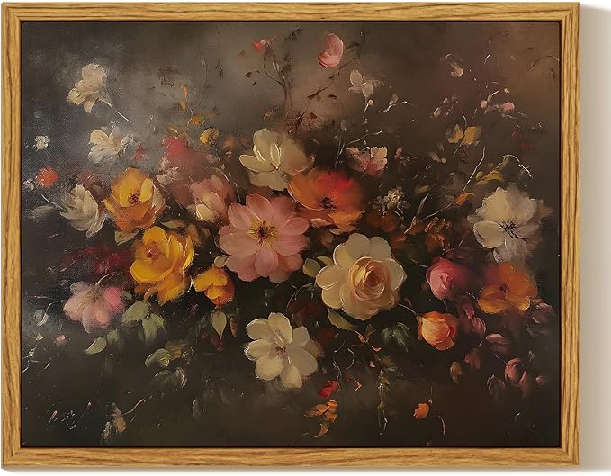 InSimSea Framed Canvas Wall Art, Vintage Wall Decor, Fall Floral Dark Moody Painting for Living Room, Bedroom Autumn Country Retro Flower Print Pictures Decorations,8x10inch