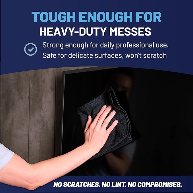 MW PRO Microfiber Cleaning Cloths Black (12 Pack, 12x12) - Commercial Janitorial Towels & Lint Free Rags - Heavy Duty for Auto Detailing, Glass Windows, Housekeeping & Screens - Washable 300+ Times