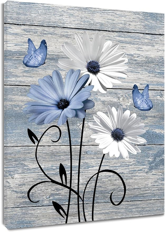 MYUSRE Farmhouse Blue Floral Wall Art for Living Room, Blue and White Daisy Butterfly on Rustic Wood Canvas Wall Art Country Flower Pictures for Bedroom Bathroom Office Wall Decor,10L X 8W inches