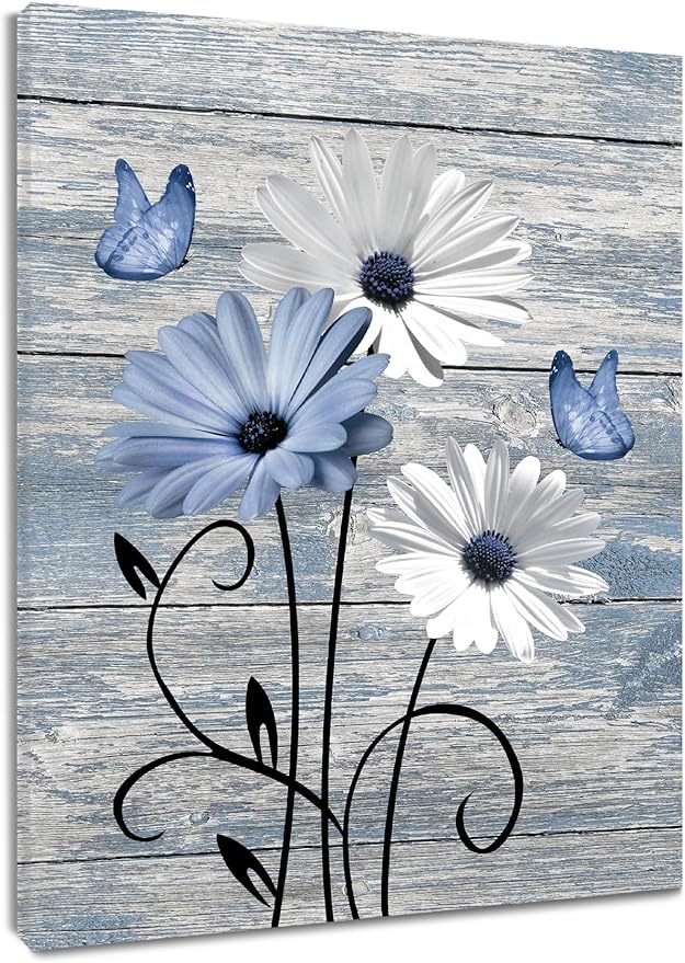 MYUSRE Rustic Blue Daisy Canvas Wall Art Farmhouse Floral and Butterfly on Retro Wooden Canvas Wall Art Country Flower Plant Pictures for Bedroom Bathroom Living Room Decor, 24L X 16W inches