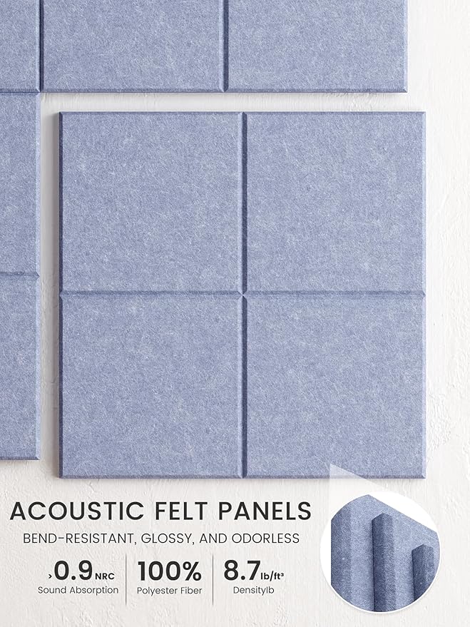 Bumusty Large Felt Bulletin Board, 48" x 36" Cork Board Alternative, 12-Pack Wall Tiles with 4-Compartment Design, 30 Push Pins, 70 Adhesive Tabs, Ideal for Office & Home Decor, Soft Periwinkle