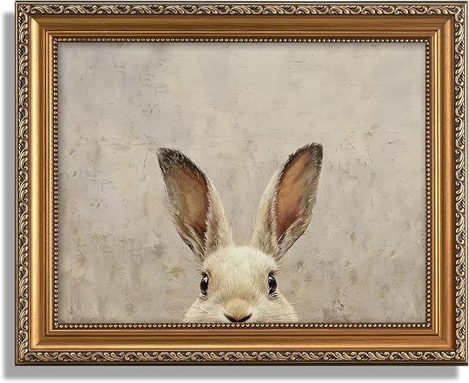 ASTRDECOR Gold Framed Vintage Easter Bunny Wall Art, Neutral Rabbit Canvas Print, Farmhouse & Rustic Easter Decor for Bedroom, Bathroom, Living Room, 12x16inch