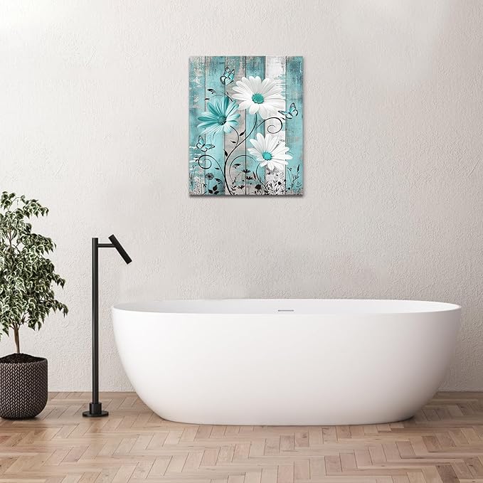 MYUSRE Rustic Daisy Teal Canvas Wall Art Vintage Floral Butterfly on Farmhouse Wooden Wall Decor for Bedroom, Flower Nature Plant Framed Wall Art for Living Room Bathroom Home Decor, 20L X 16W inches