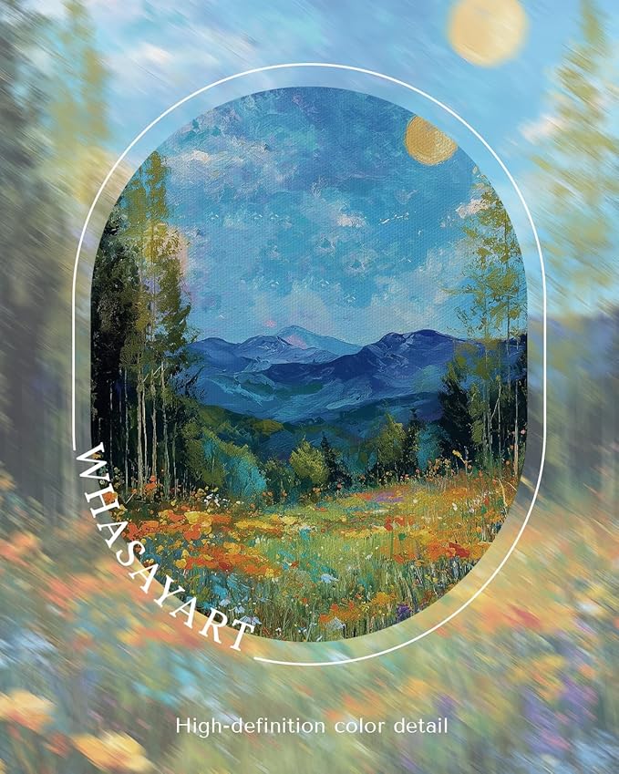 WHASAYART Vintage Floral Framed Wall Art Aesthetic 12x16 Rustic Nature Canvas Print with Blue Background, Colorful Vibrant Floral, Forest, Mountain for Home Office Bedroom Living room Hallway Decor