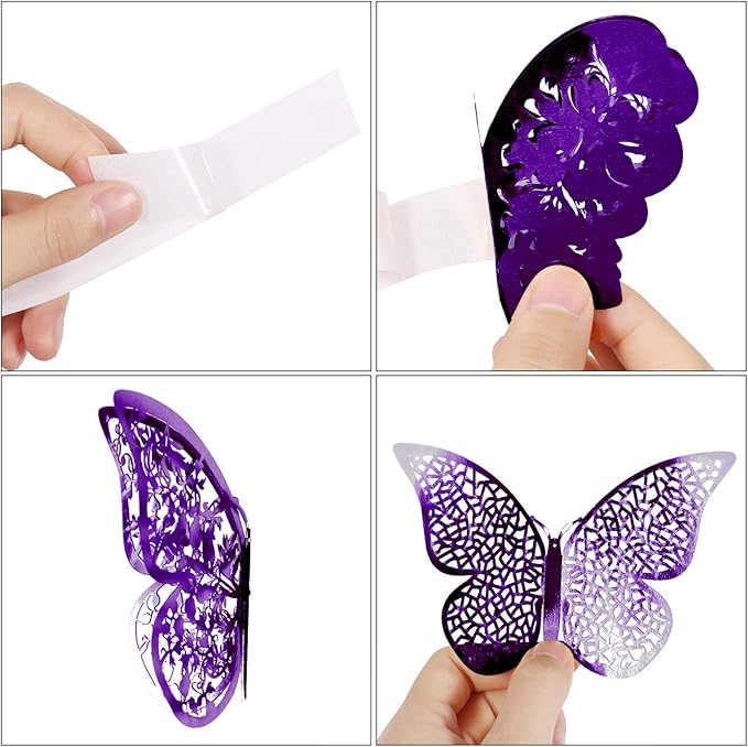 Bememo 72 Pieces 3D Butterfly Wall Decals Sticker Decal Wall Decor Art Decorative Sticker 3 Sizes for Room Offices Bedroom Bathroom Living Room Decor(Purple)
