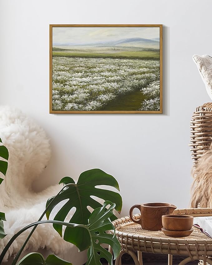 SHENIFY Vintage Landscape Framed Wall Art Meadow with Flowers Scenery Farmhouse Decor Rustic Retro Grassland Wildflower Field Painting for Kitchen Bedroom Bathroom - 11x14in Natural Framed