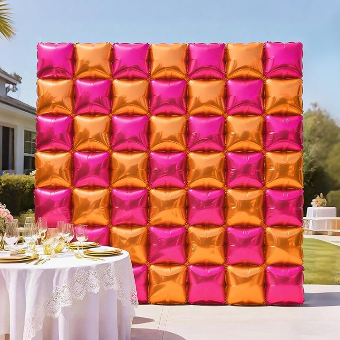 NISOCY 25PCS Rose Red and Orange Square Foil Balloons Wall Backdrop Double Sided Hot Pink Orange Balloons Arch Kit for Birthday Baby Shower Valentine's Day Wedding Tropical Party Decorations