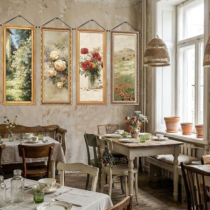 Tiamon 4 Pcs Vintage Floral Spring Wall Art Banner Spring Flower Country French Wall Decoration Nature Wildflower Porch Sign Backdrop for Floral Banner Landscape Farmhouse Indoor Outdoor Hanging Decor