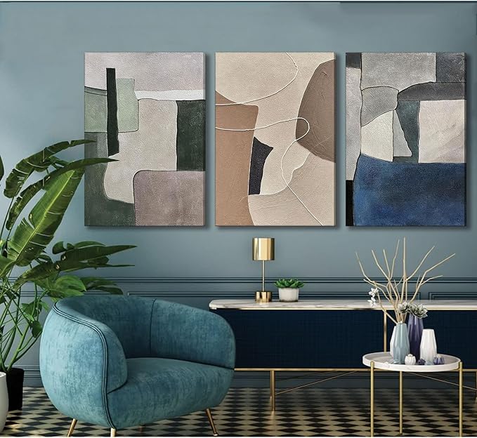 3pcs Abstract Texture Canvas Wall Art Modern Boho Neutral Geometry Wall Decor Pictures Beige Green Blue Minimalism Posters Prints for Living Room Bedroom Office Home Decoration Prepare To Hang