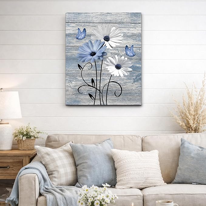 MYUSRE Farmhouse Blue Floral Canvas Wall Art Rustic Wood Daisy Butterfly Framed Wall Art Country Flower Pictures for Living Room Bedroom Bathroom Office Decor Ready to Hang, 16L X 12W Inch