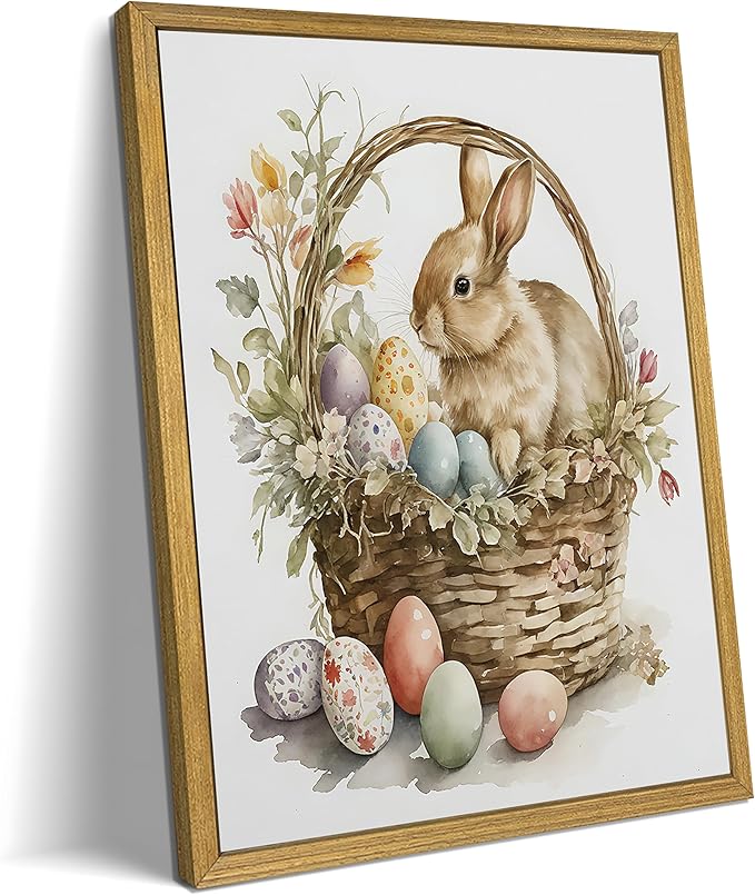 Easter Bunny Wall Art, Vintage Easter Bunny Eggs Poster Print Wall Decor, Holiday Home Canvas Decor Painting 12x16 Inch Wood Framed