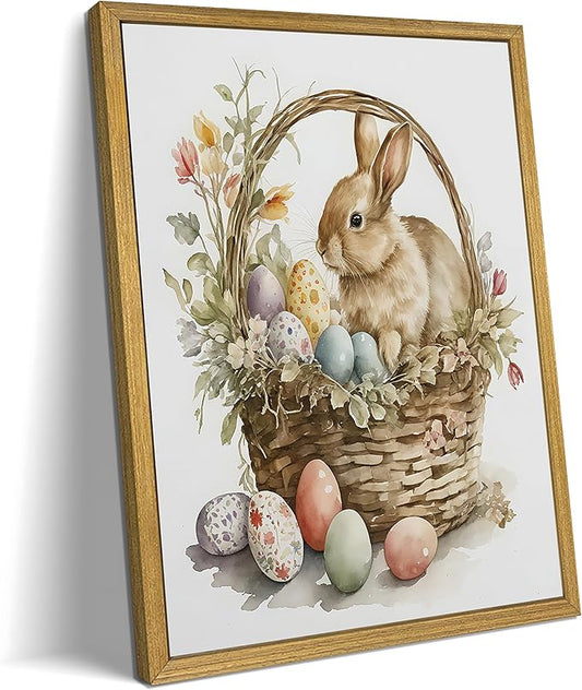 Easter Bunny Wall Art, Vintage Easter Bunny Eggs Poster Print Wall Decor, Holiday Home Canvas Decor Painting 12x16 Inch Wood Framed