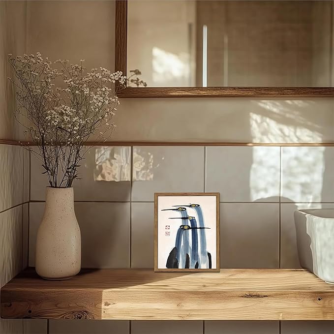 Framed Vintage Canvas Wall Art, Elegant Ink Cranes Painting, Antique Watercolor Prints, Classic Chinese Style Bird Artwork, Farmhouse Wall Decor for Living Room Study Office – 8x10 inch