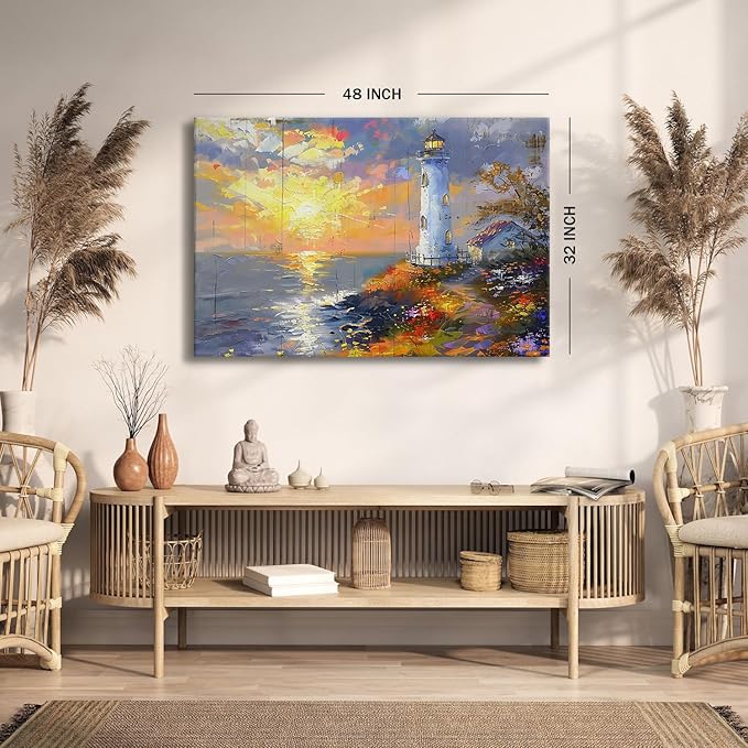 Large Sunset Coastal Wall Art Lighthouse Canvas Prints Picture Ocean Landscape Wall Decor Abstract Beach Painting Seascape Poster Modern Nature Artwork Kitchen Living Room Home Decoration 32x48"