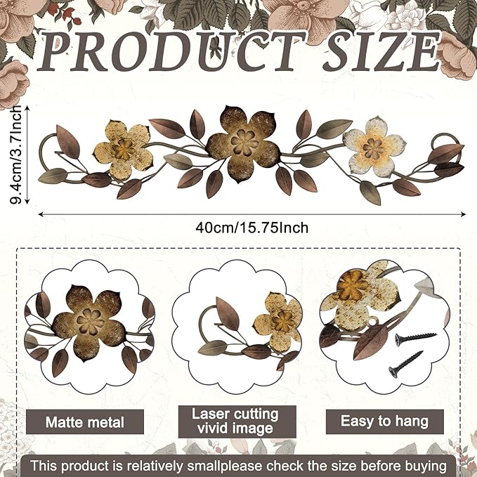 Wesiti Metal Flower Wall Decor Vintage Spring Metal Flower Wrought Iron Scroll Sculpture 15.7''x3.7'' Farmhouse Leaves Wall Decor with Nails for Spring Living Room Bedroom Indoor Outdoor(Brown)