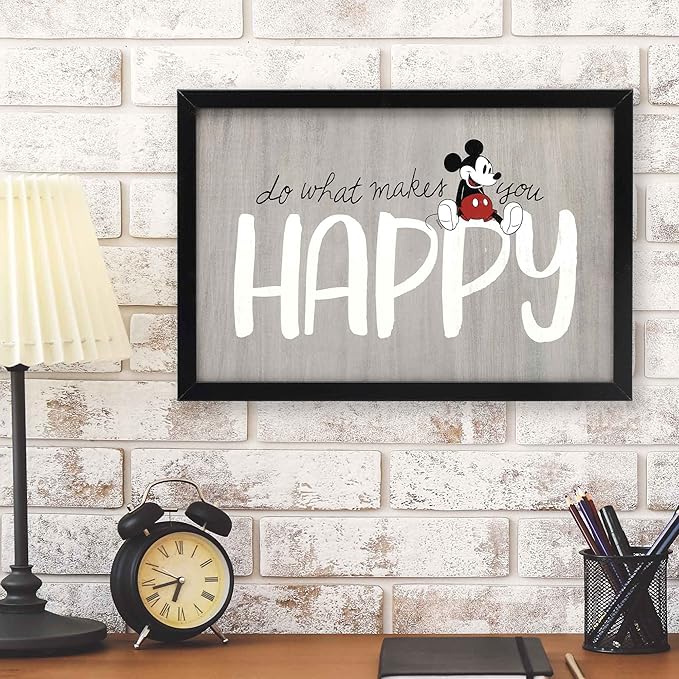 Disney Mickey Mouse Do What Makes You Happy Framed Wood Wall Decor - For Bedroom, Playroom or Living Room