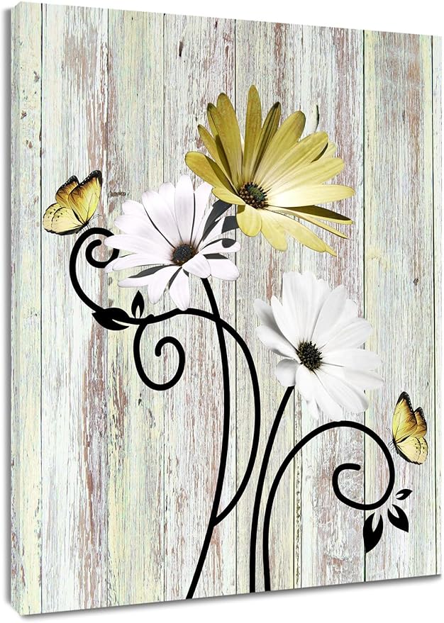 HVEST Yellow Floral Wall Art Rustic Yellow Daisy and Butterfly Aesthetic Botanical Painting Farmhouse Flower Wall Art for Bathroom Living Room Bedroom Kitchen Decor Ready to Hang, 16Lx12W Inches