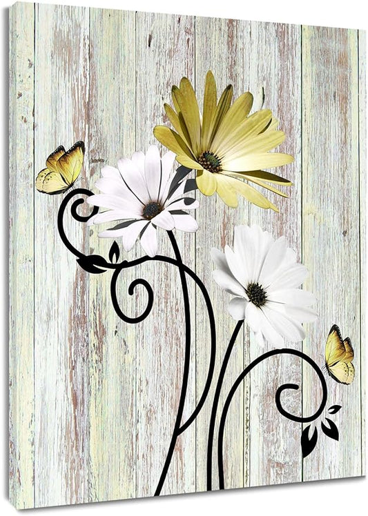 HVEST Yellow Floral Wall Art Rustic Yellow Daisy and Butterfly Aesthetic Botanical Painting Farmhouse Flower Wall Art for Bathroom Living Room Bedroom Kitchen Decor Ready to Hang, 16Lx12W Inches
