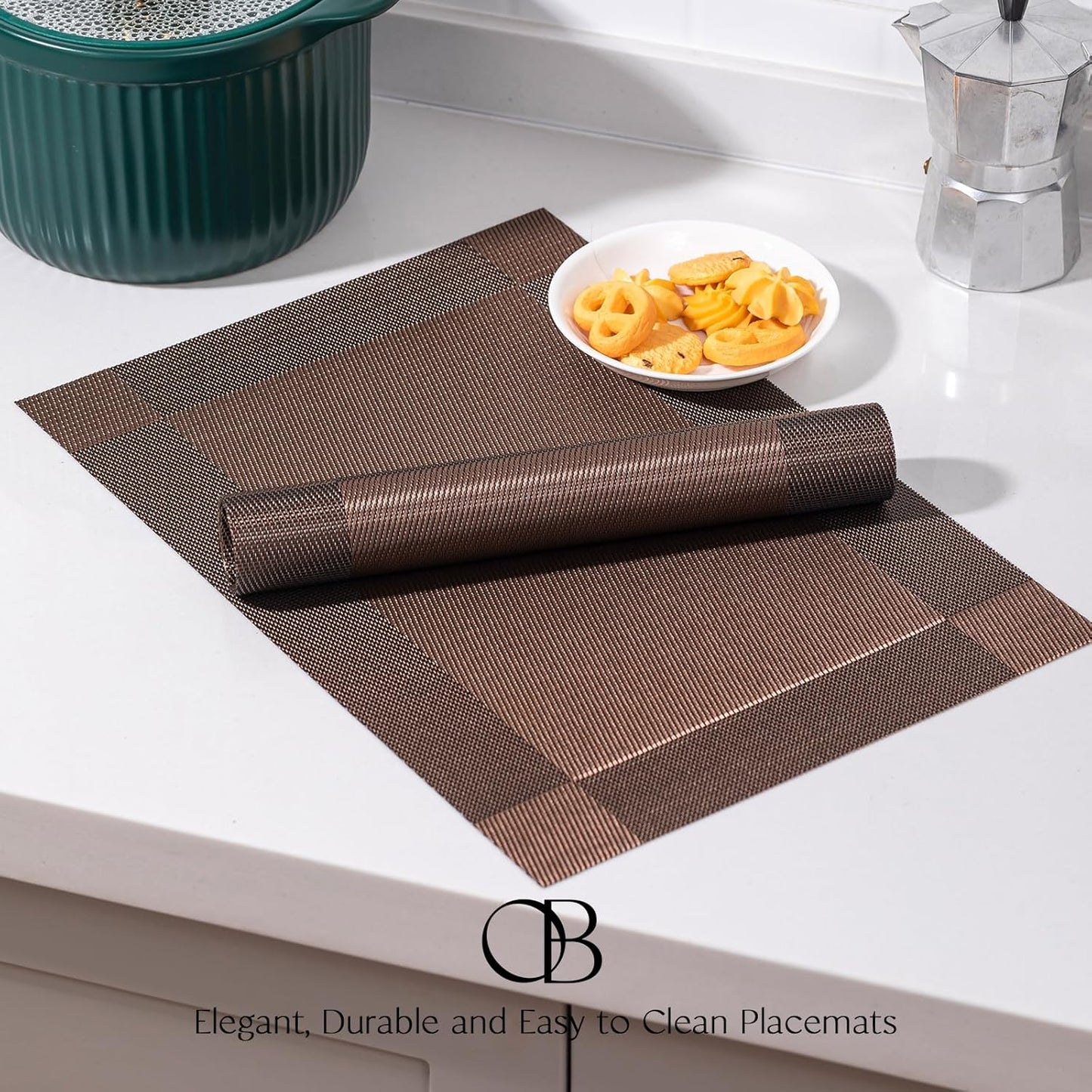 Placemats Set of 6 - Easy Clean Woven Vinyl Placemats for Dining Table, Indoor/Outdoor Place Mats, Washable PVC Table Mats（Brown Cube）