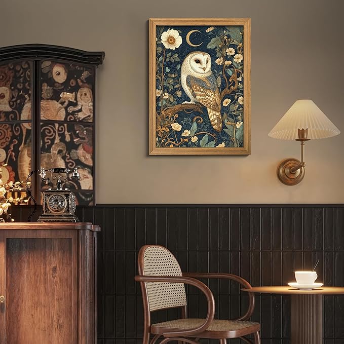 Framed William Morris Wall Art, 3D Textured Cottagecore Vintage Barn Owl Wall Decor, Hand Drawn Sandstone Botanical Art, Dark Academia Flowers Artwork for Bedroom, Farmhouse Home Decor 12x16 inch