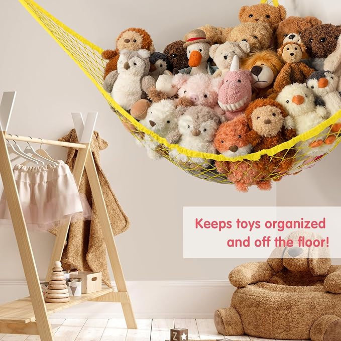 Stuffed Animal Storage Hammock Net Corner - Large Toy Hammock Net for Stuffed Animals Room Decor - Cute Stuff Animal Organizer Holder for Plush Plushie - Kids Baby Nursery Wall Bedroom Home Decor