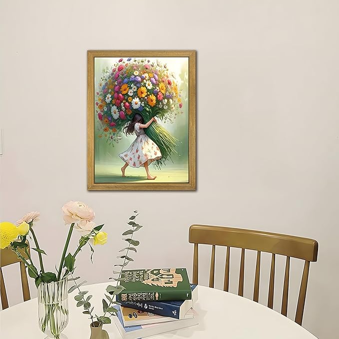 Wood Framed Pink Wildflower Canvas Wall Art, Girl Hugging Flowers Poster Prints Paintings, Teen Girls Preppy Bedroom Decor, Green Room laesthetic Picture for Kids Room Hallway Living Room 16x24 Inch