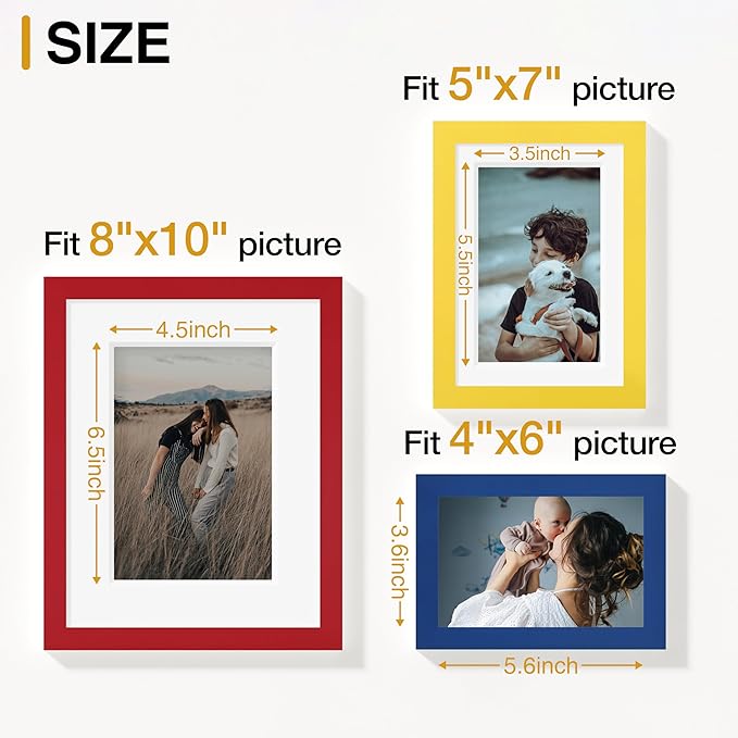 Vittanly 12 Pack Picture Frames Collage Wall Decor for Mounting or Tabletop Display, Gallery Wall Frame Set for Family, Multi Sizes Including 4pcs 8x10, 4pcs 5x7, 4pcs 4x6, Red & Yellow & Blue