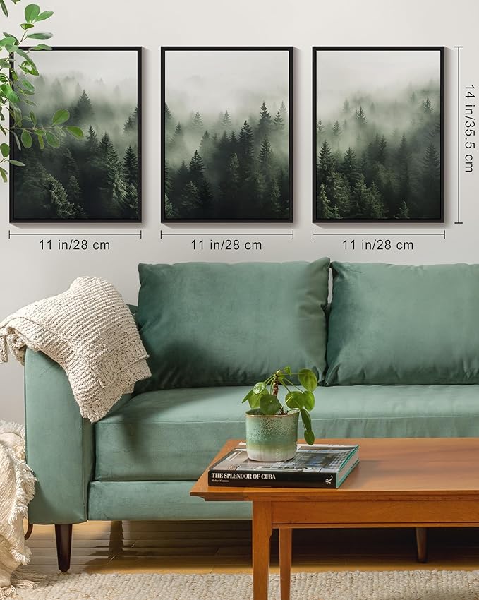 SHENIFY Green Fog Pine Tree Forest Canvas Wall Art 11x14in Framed Nature Modern Artwork Prints Decor - Black Framed