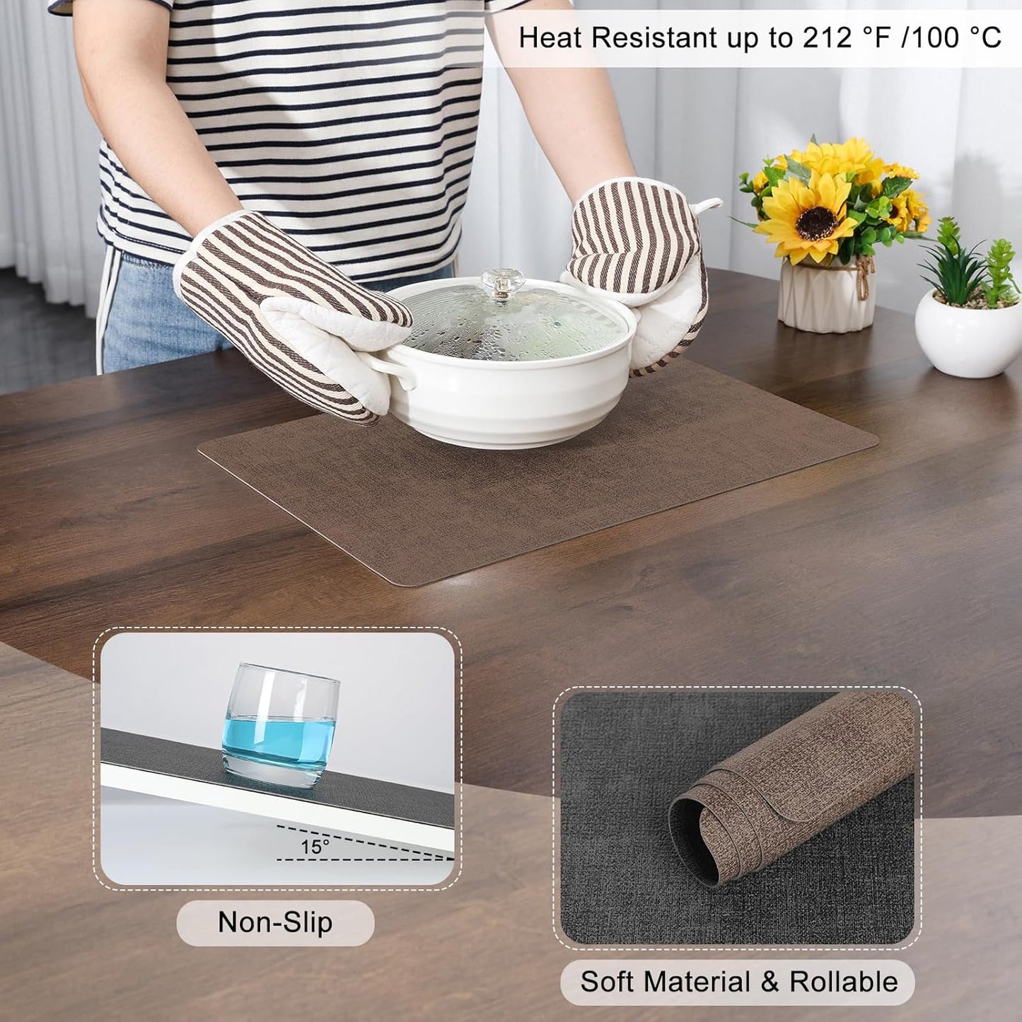 Myir JUN Placemats Dual Sided, Faux Leather Place Mats Set of 6 Indoor Placemat for Dining Table Outdoor Place Mat Square Non-Slip Washable Table Mats (Gray Brown, Set of 6)
