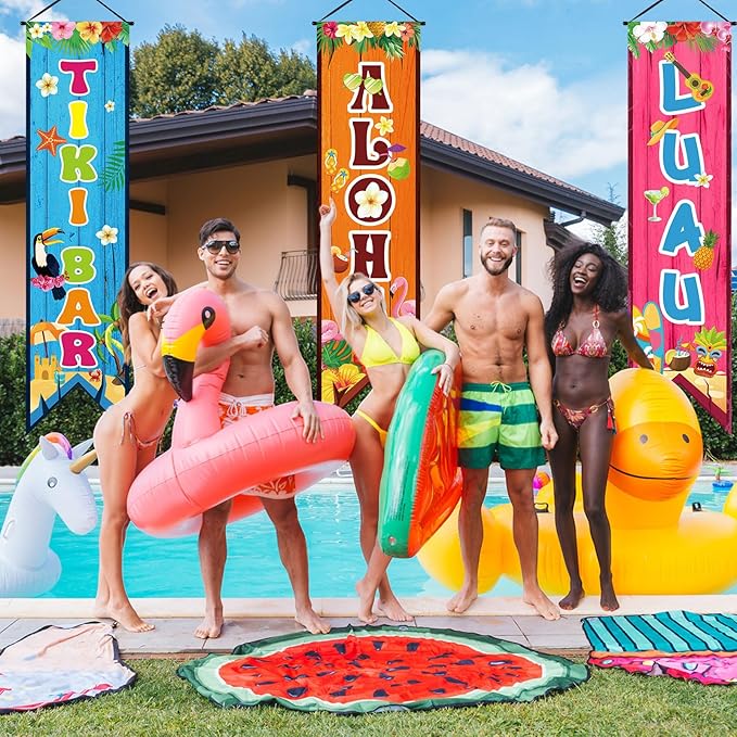 3 Pcs Hawaiian Banners Aloha Luau Porch Sign Tiki Bar Hanging Flag Tropical Welcome Sign Summer Beach Pool Party Decorations Photo Props Backdrop for Outdoor Door Wall Yard Birthday Camping