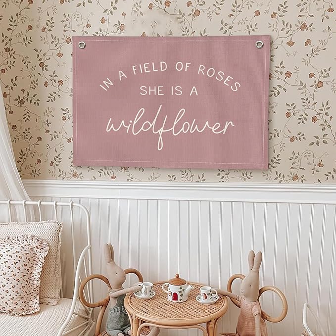 Girls Room Decor, Wildflower Nursery Decor, In a Field Full of Roses She Is a Wildflower Banner, Pink Linen Banner Flag Decor for Little Girl Baby Girl, Girls Room Wall Decor Canvas Banner