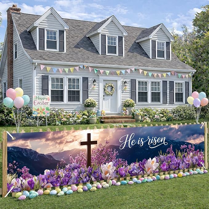 He Is Risen Easter Banner Christian Resurrection Spring Decor 78 x 17 Inch Religious Cross Flower Scene Banner for Church Yard Fence Door Wall Indoor Outdoor Easter Display