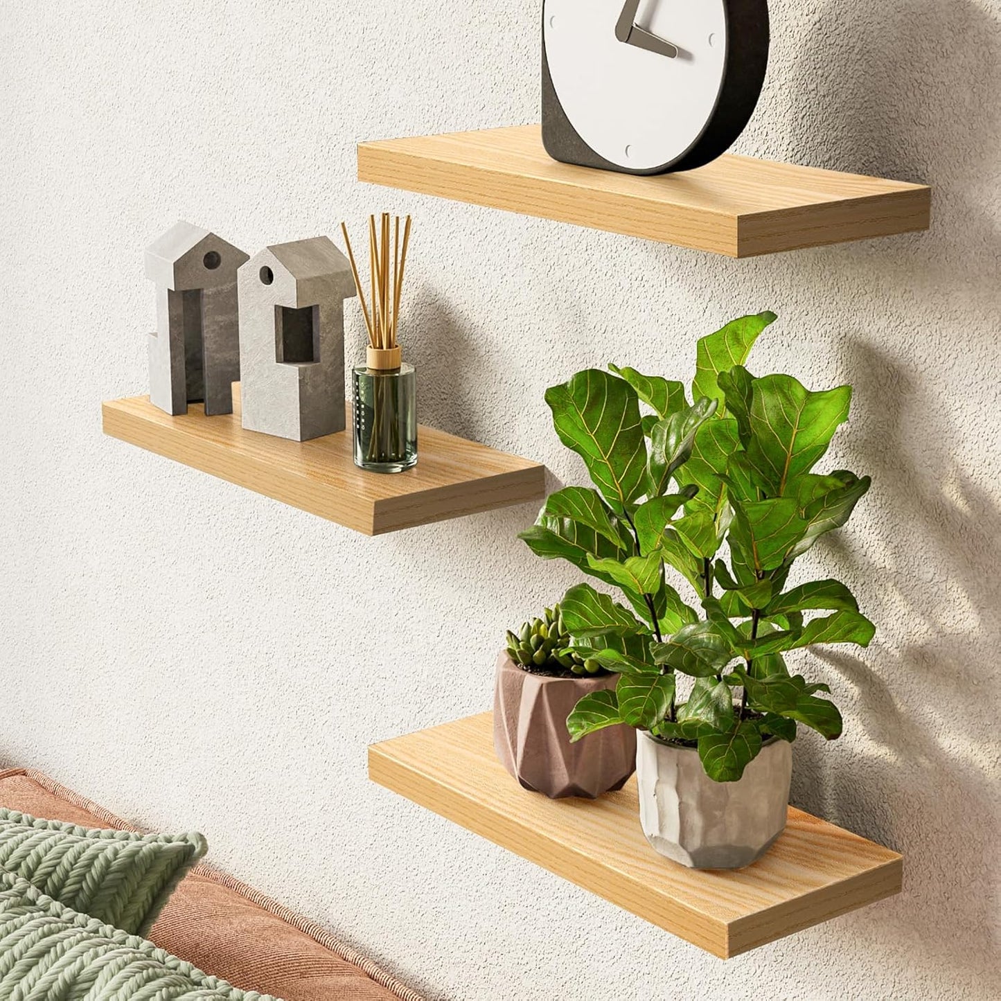 BAYKA Floating Shelves for Wall, 22.5 inches Wall Mounted Rustic Wood Shelves for Bathroom, Bedroom, Living Room, Floating Shelves for Books/Storage/Decor (Oak-Toned,Set of 3)