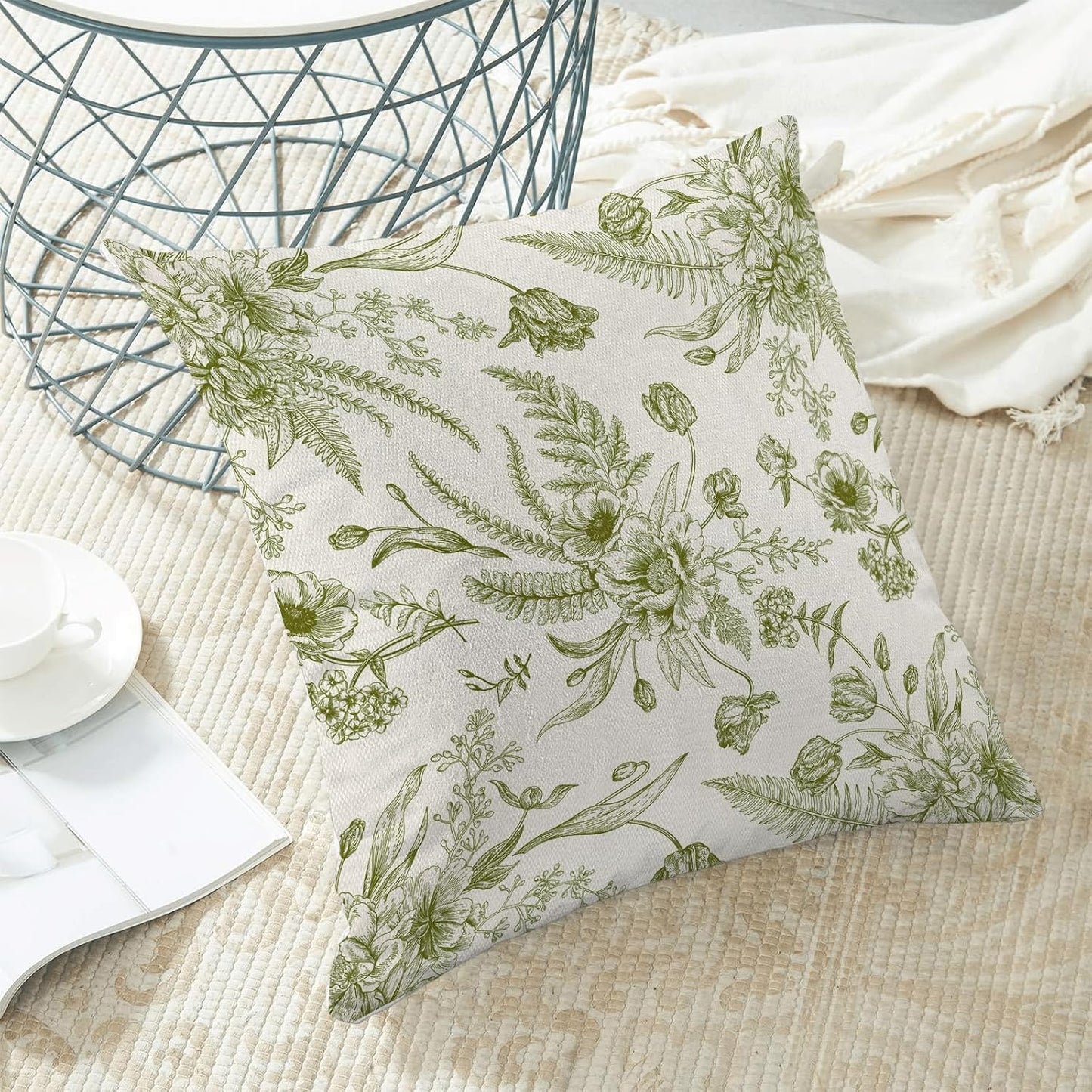CXMEIFLY Sage Green Spring Pillow Covers 20 x 20 Inch Set of 2 for Chinoiserie Flowers Decor Throw Pillows Floral Leaves Seasonal Plant Outdoor Decorative Cushion Cases for Couch Bed Decorations