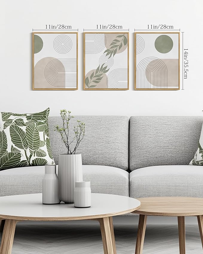 Drsoum Green Botanical Boho Wall Art Framed Modern Bohemian Sage Wall Decor Abstract Geometry Lines Prints Ready to Hang 11x14in Natural Framed