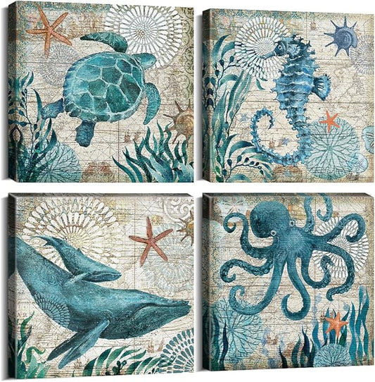 Large 4 Panel Coastal Wall Decor Farmhouse Beach Sea Turtle Wall Art Octopus Whale Seahorse Canvas Pictures Teal Bedroom Nautical Artwork Ocean Animal Poster Living Room Bathroom Decoration 24x24"