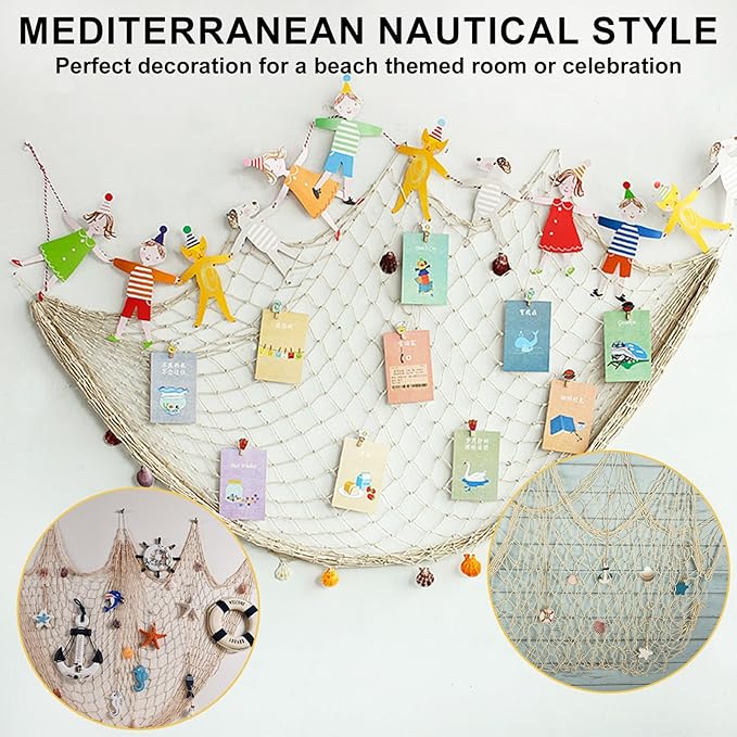2 PCS Fish Net Decorations with Shells 80 x 40 Inch Ocean Themed Party Decor Beach Nautical Wall Hanging Fishing Net for Coastal Bedroom Bathroom or Under The Sea Party Decorations (Beige-with shells)