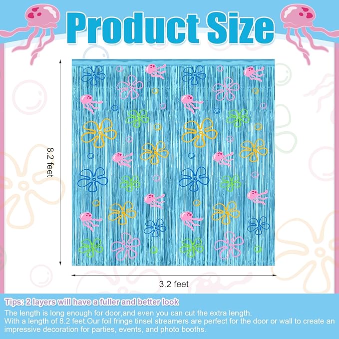 4 Pack Cartoon Sponge Theme Party Decorations 3.2ft X 8.2ft Under the Sea Party Supplies Flowers Bubbles Jellyfish Foil Fringe Photo Backdrop Decor for Birthday Sponge Party Photo Props