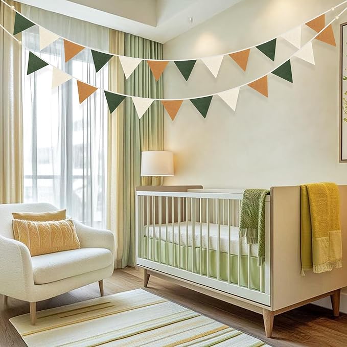 2 Sets of Green Yellow White Nursery Garland 24Pcs Retro Fabric Linen Pennant Banner Flags Triangle Streamers for Baby Playroom Decor Kids Woodland Camping Birthday Baby Shower Boho Party Decorations