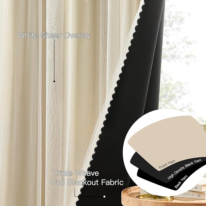 XiDi Beige Blackout Curtains with Sheer Overlay for Bedroom 2 Panels 63 Inches Long Double Layer Curtains with Lace Hem for Kids Girls Room Decor Thermal Insulated Grommet Short Window Drapes W52XL63
