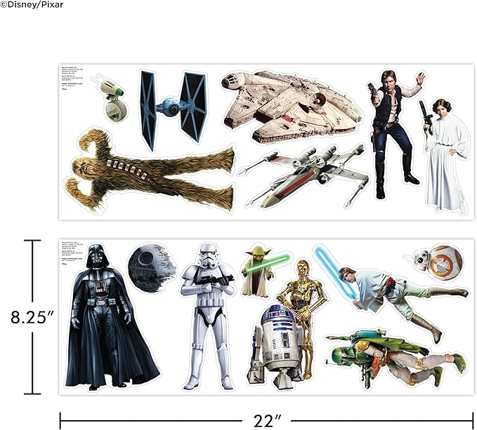 Star Wars Wall Decals - Set of 17 Removable Vinyl Stickers for Kids Bedroom Playroom Bathroom - Peel and Stick Room Décor