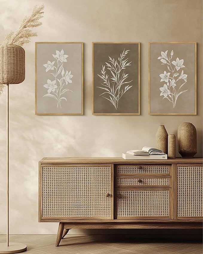 Drsoum Vintage Neutral Botanical Flower Wall Art Framed Retro Colorful Boho Floral Prints Morden Retro Wildflower Rustic Artwork Kitchen Dining Room Ready to Hang 16x24in Natural Framed
