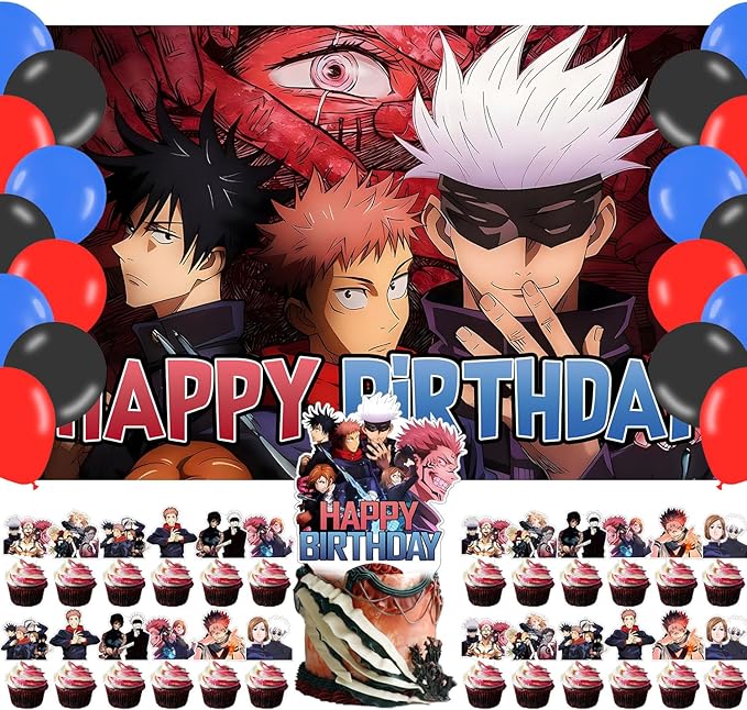 Jujutsu Manga Kaisen Birthday Party Decorations Banner Backdrop - Jujutsu Anime Kaisen Themed Banner Cake Topper Ballons Party Supplies for Kids Fans, Happy Birthday Photography Background Wall Decor