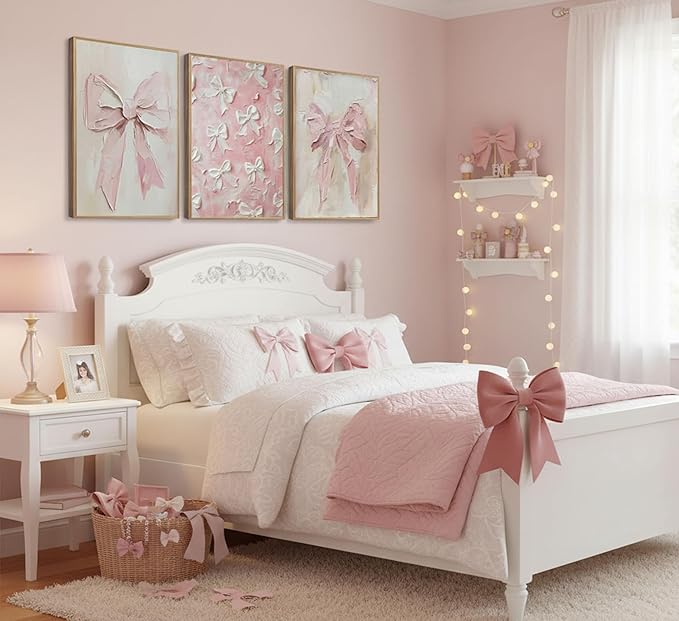 3Pcs Trendy Pink Bow Canvas Wall Art Vintage Cute Preppy Watercolor Bow Painting Pictures Wall Decor Posters Prints Girly Aesthetic for College Apartment Bedroom Decoration Unframed