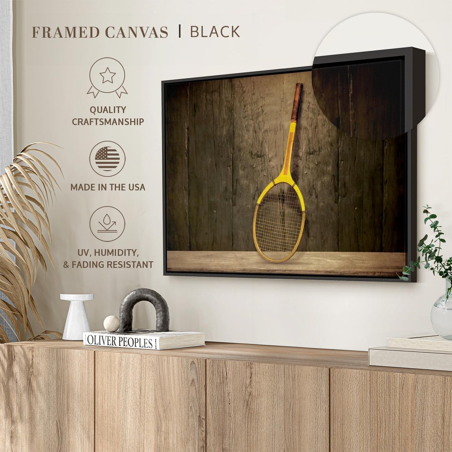 ElephantStock Vintage Tennis Racket Wall Art - Horizontal Framed Canvas - 1-Piece Living Room Wall Decor - Photography Sports Canvas Print - Brown and Black Decor for Wall - 37" X 25"