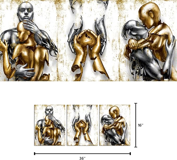 Visual Art Decor Black and Gold Love Decor Grey & Gold Hugging Couple Bedroom Wall Decor Picture Art Prints Framed Canvas Print (White, 12x16inchx3 Pieces)