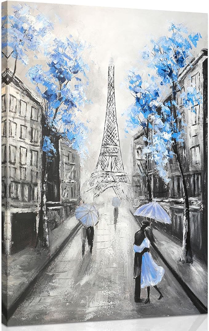 YPY Blue Floral Paris Canvas Wall Art: Blue Flower Grey Eiffel Tower Picture for Bathroom Decor, Painting Textured Street Scenery Print Modern Artwork Home Decoration 10 x 15
