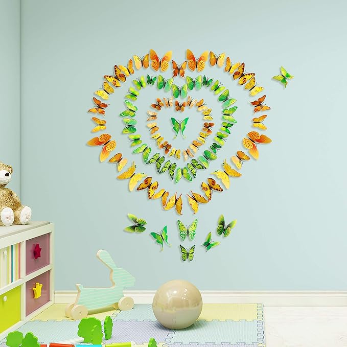 24pcs 3D Vivid Special Man-Made Lively Butterfly Wall Stickers Removable Butterflies Wall Decals 3D Nursery Art Decor for Kids Girls Bedroom Living Room Classroom Party Decoration Green & Yellow