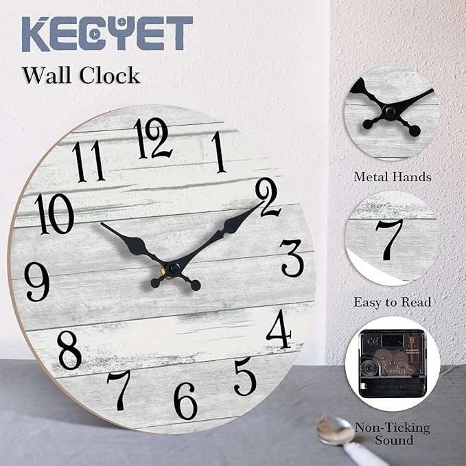 Wall Clock Battery Operated 12 Inch Gray Silent Non Ticking Country Rustic Design Vintage Retro Decorative for Bathroom Kitchen Bedroom